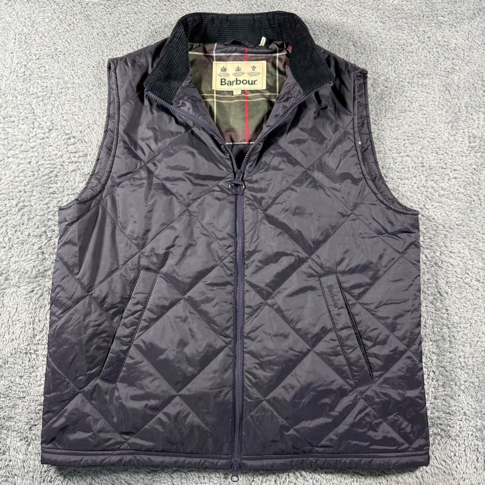 Barbour Finn Gilet Mens Large Navy Blue Quilted Vest Leather Trim Lightweight